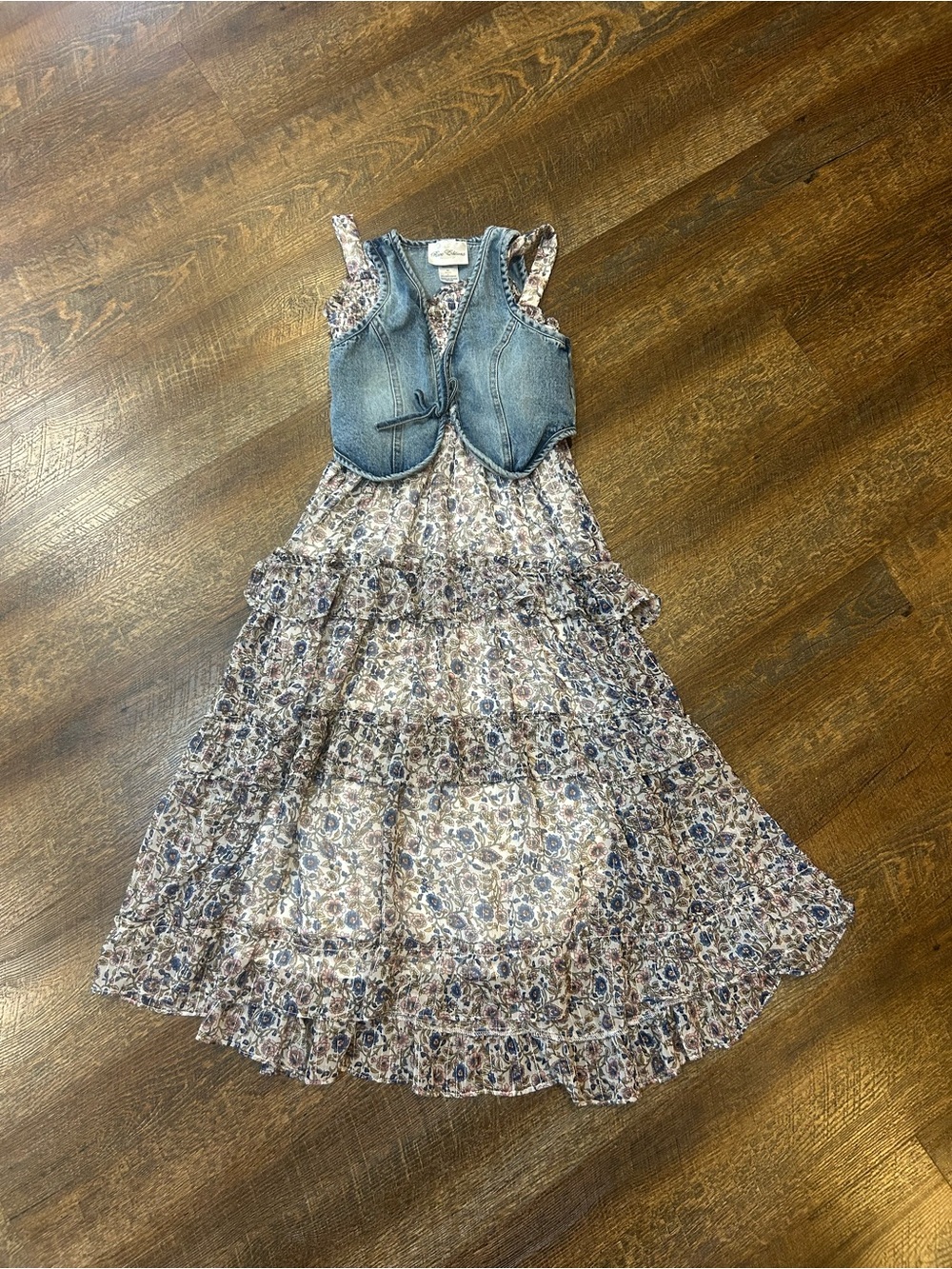 Rare Editions Blue Floral Tiered Maxi Dress with Denim Vest 8